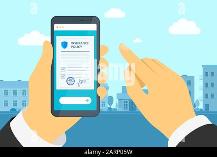 Uomo mano che tiene smartphone con modulo di polizza assicurativa. Firma online documento sulla protezione dell'accordo sullo schermo mobile. Fare la richiesta di risarcimento trattativa legale vettore illustrazione del contratto Illustrazione Vettoriale