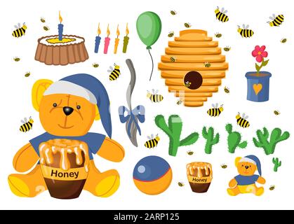 Set adesivi Winnie the Pooh. Giocattoli isolati su sfondo bianco. Strega peluche. Fiore in una pentola. Elementi per baby card. Eroi fiabeschi. Prenota Illustrazione Vettoriale