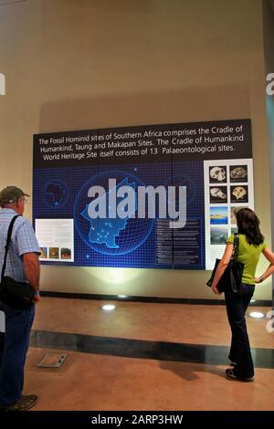 I visitatori che guardano la mostra all'interno della culla Dell'Umanità, Maropeng, Gauteng, Sud Africa. Foto Stock