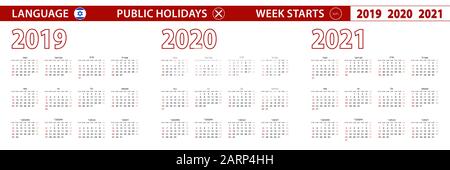 2019, 2020, 2021 anno di calendario vettoriale in lingua ebraica, la settimana inizia domenica. Calendario vettoriale. Illustrazione Vettoriale