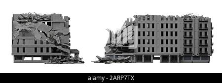 Distrutto edificio pubblico isolato su bianco. Il rendering 3D Foto Stock