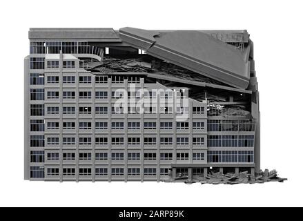 Distrutto edificio pubblico isolato su bianco. Il rendering 3D Foto Stock