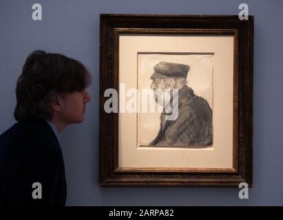 Sotheby’s, Londra, Regno Unito. 29th gennaio 2020. Anteprima della vendita di arte impressionista, Moderna e surrealista di Sotheby. Opere raramente viste di Pissarro, Signac, Van Gogh, Miró, Monet, Picasso, Léger, Kirchner & Chagall in vista. Immagine: Vincent Van Gogh. Orfano, 1882. Stima: £400.000-500.000. Credito: Malcolm Park/Alamy Live News. Foto Stock