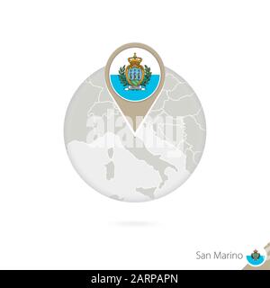 San Marino mappa e bandiera in cerchio. Mappa di San Marino, bandiera di San Marino. Mappa di San Marino nello stile del globo. Illustrazione Vettoriale. Illustrazione Vettoriale