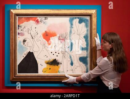 Sotheby’s, Londra, Regno Unito. 29th gennaio 2020. Anteprima della vendita di arte impressionista, Moderna e surrealista di Sotheby. Opere raramente viste di Pissarro, Signac, Van Gogh, Miró, Monet, Picasso, Léger, Kirchner & Chagall in vista. Immagine: Joan Miró. Groupe de Personnages. Stima: £3.000.000-5.000.000. Credito: Malcolm Park/Alamy Live News. Foto Stock