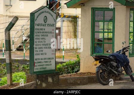 Haputale, Sri Lanka - 23 novembre 2019: L'Entreance della fabbrica del tè nella piantagione di tè vicino Haputale. Sri Lanka. Foto Stock