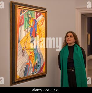 Sotheby’s, Londra, Regno Unito. 29th gennaio 2020. Anteprima della vendita di arte impressionista, Moderna e surrealista di Sotheby. Opere raramente viste di Pissarro, Signac, Van Gogh, Miró, Monet, Picasso, Léger, Kirchner & Chagall in vista. Immagine: Jean Metzinger, Le Cycliste, 1912. Stima: £1.500.000-2.000.000. Credito: Malcolm Park/Alamy Live News. Foto Stock