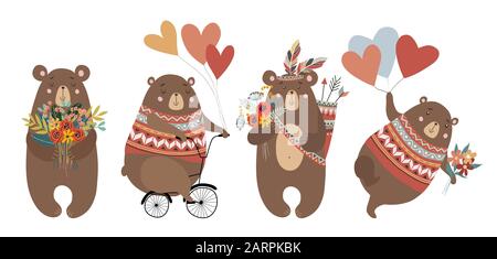 Set di orsacchiotti disegnati A Mano: In bicicletta, con bouquet di fiori, piume e palloncini per carte decorative o poster. Vettore infantile Illustrazione Vettoriale
