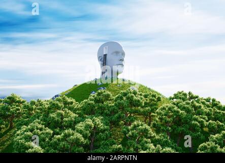 Statua testa umana e scala su una collina. Concetto surreale. rendering 3d Foto Stock