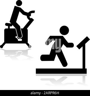 Icone che mostrano una persona che corre su una pedana mobile e che guida una bici stazionaria Illustrazione Vettoriale