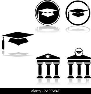 Set di icone che mostra un cappello di laurea combinato con altri elementi come un edificio in stile greco che rappresenta un'università Illustrazione Vettoriale