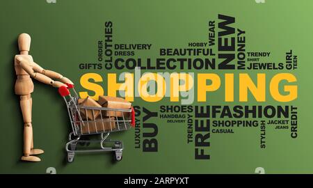 Shopping Wordcloud Collage Con Uomo Di Legno Su Sfondo Verde, Panorama Foto Stock