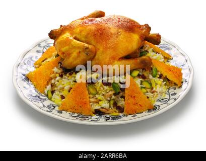 zereshk polo gorgh, riso al mirtillo con pollo allo zafferano, cucina iraniana persiana Foto Stock