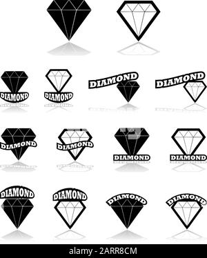 Insieme di icone che mostrano un diamante bianco e nero combinato con diverse variazioni della parola diamante Illustrazione Vettoriale