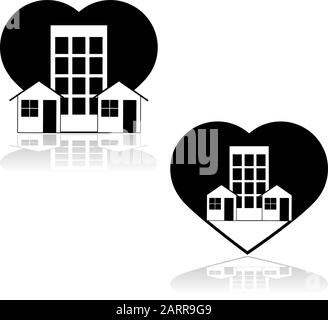 Illustrazione di concetto che mostra le case e un edificio all'interno di un cuore Illustrazione Vettoriale