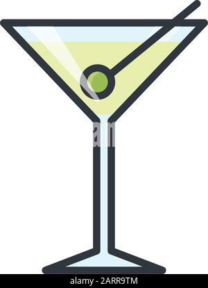 Dry Martini con icona Olive in vetro. Simbolo di bevanda a colori isolato . Illustrazione Vettoriale