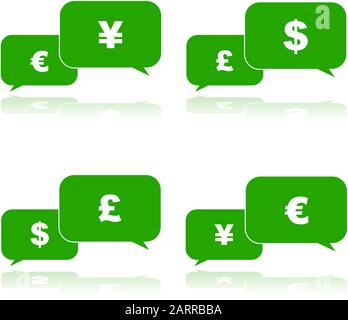 Illustrazione di concetto che mostra bolle di conversazione con diversi segni di valuta su di loro come in una conversazione Illustrazione Vettoriale