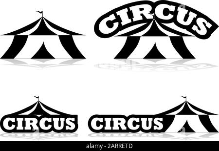 Collezione di icone in bianco e nero con la parola Circus disposti in modi diversi con una tenda da circo Illustrazione Vettoriale