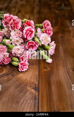 Bouquet di garofani rosa, bouquet di regali su sfondo ligneo. Concezione di cartoline con l'aggiunta di testo. Spazio di copia . Foto Stock