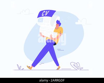 Giovane uomo che trasporta la forma soddisfatta di cv pesante a ora. Piatto moderno concetto vettore illustrazione di peso di ricerca di un lavoro e di essere un impiegato. Casua Illustrazione Vettoriale