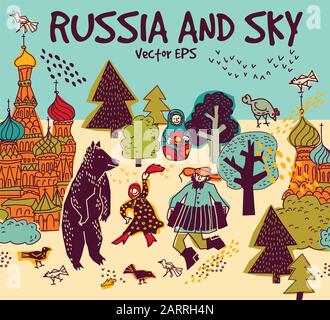 Mosca russia chiesa birra persone uccelli e cielo città vista Illustrazione Vettoriale