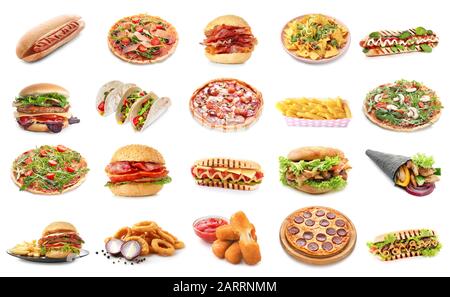 Set di diversi prodotti fast food su sfondo bianco Foto Stock