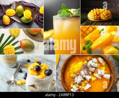 Collage di foto con mango maturo, frullato, papsicle e succo di frutta fresco Foto Stock