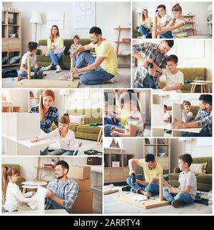 Collage di foto con la famiglia di assemblaggio mobili a casa Foto Stock