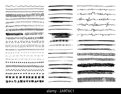 Insieme di bordi di linea disegnati a mano, tratti di schizzo, schizzi ed elementi di progettazione isolati su bianco. Pennelli stile Doodle. Vettore monocromatico eps8 illustra Illustrazione Vettoriale