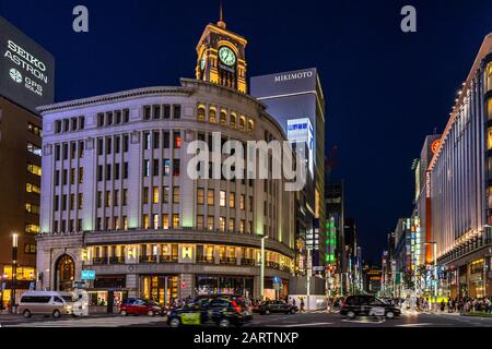 Tokyo, Giappone, agosto 2019 – il grande magazzino Ginza Wako è l'edificio più iconico della famosa area commerciale di lusso di Tokyo Foto Stock