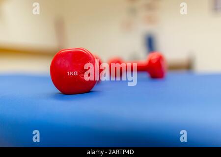 Il peso di un chilo rosso si trova su un tappetino blu Foto Stock