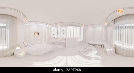 3d rendono sferica 360 gradi, panorama senza cuciture della camera da letto dei bambini in colore bianco. Visualizzazione del concetto di interior design stanza bambini Foto Stock