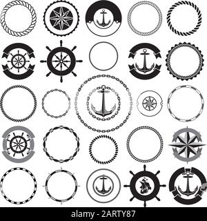 Raccolta di cornici nautiche di frontiera. Ideale per etichette decorative vintage. Illustrazione Vettoriale