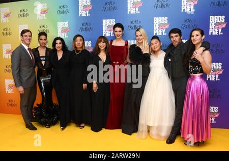 Brian Unkeless Jurnee Smollett-Bell, sue Kroll, Cathy Yan, Rosie Perez, Mary Elizabeth Winstead, Margot Robbie, Ella Jay Brasco, Chris Messina e Christina Hodson frequentano la prima mondiale di Birds of Prey e la fantabula emancipazione Di Una Harley Quinn, tenutasi al BFI, Londra. Foto Stock