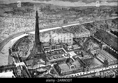 Una veduta aerea della Mostra di Parigi e della Torre Eiffel costruita tra il 1887 e il 1889 come ingresso alla Fiera Mondiale del 1889, sul Champ de Mars a Parigi, Francia. La torre in ferro battuto prende il nome dall'ingegnere Gustave Eiffel, la cui azienda ha progettato e costruito la torre. Inizialmente è stata criticata da alcuni dei principali artisti e intellettuali francesi per il suo design, ma è diventata un'icona culturale globale della Francia e una delle strutture più riconoscibili al mondo. Foto Stock