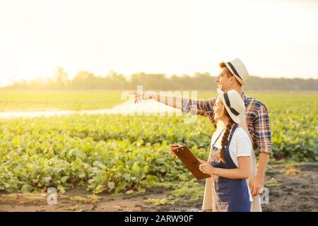 Giovani agricoltori che lavorano sul campo Foto Stock