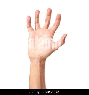 Mano maschio che afferra qualcosa su sfondo bianco Foto Stock