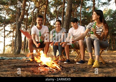 Giovani amici che arrostono le salsicce al fuoco e bevono la birra al campo Foto Stock