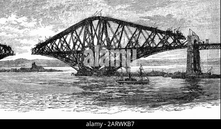 Costruzione del Forth Rail Bridge, un ponte ferroviario a sbalzo attraverso il Firth of Forth nella parte est della Scozia. È stato progettato dagli ingegneri inglesi Sir John Fowler e Sir Benjamin Baker. La costruzione iniziò nel 1882 e fu aperta il 4 marzo 1890 dal Duca di Rothesay, il futuro Edoardo VII Il ponte si estende Tra i villaggi di South Queensferry e North Queensferry e ha una lunghezza totale di 2.467 metri. Foto Stock