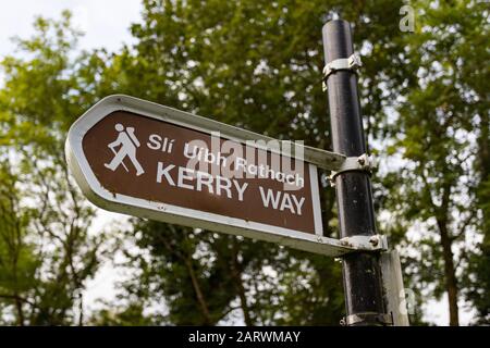 Segno per Kerry Way Trail scritto in gaelico e inglese, County Kerry, Irlanda Foto Stock