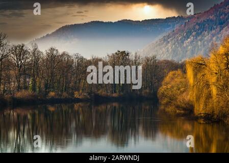 Alberi sulla riva del fiume. Panorama mattutino del fiume Mur in Europa Stiria. Autunno - paesaggio invernale. Foto Stock