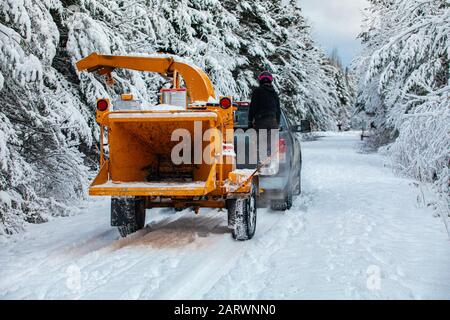 Un'ampia vista di un arborista che si trova sul retro di un camion che tira un cassone ribaltabile mobile su una strada rurale durante l'inverno, neve pesante provoca interruzioni Foto Stock