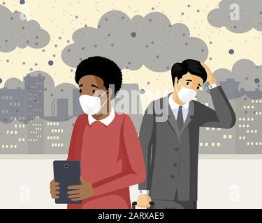 Persone che inalano smog piatto vettore illustrazione. Emissioni industriali, influenza co2 negativa sulla salute, città inquinata con rifiuti di gas. Uomini tristi che soffrono di inquinanti tossici, con mal di testa Illustrazione Vettoriale