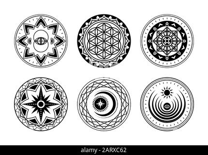 Set Di Simboli Sacri Mistici. Forme Geometriche Vettoriali Nere. Segni Esoterici Magici Illustrazione Vettoriale