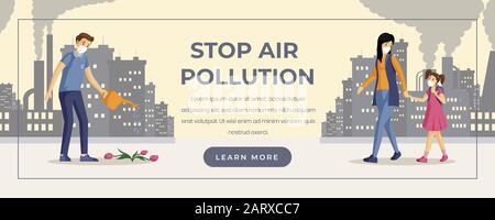Modello banner Web per l'inquinamento dell'aria di arresto. Protezione dell'ambiente, prevenzione delle emissioni di anidride carbonica, progettazione orizzontale di landing page di smog industriali urbani. Persone in respiratori personaggi cartoon Illustrazione Vettoriale