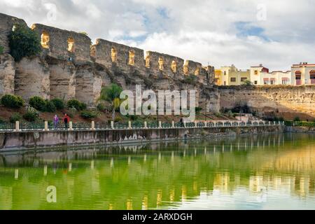 Meknes, Marocco - pareti esterne delle rovine delle scuderie reali Foto Stock