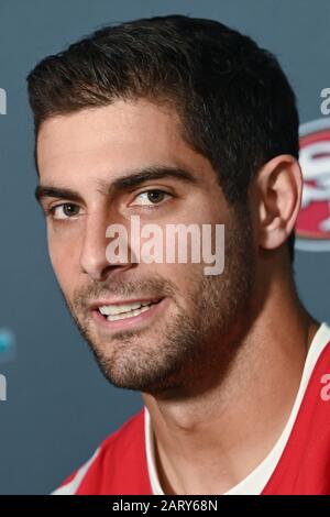 Miami, Florida, Stati Uniti. 29th gennaio 2020. San Francisco 49ers quarterback Jimmy Garoppolo durante il Super Bowl LIV San Francisco 49ers media disponibilità tenuto presso l'Hyatt Regency di Miami, Florida, il 29 gennaio 2020. (Foto Di Anthony Behar/Sipa Usa) Credito: Sipa Usa/Alamy Live News Foto Stock