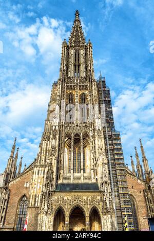 Ulm Minster o Cattedrale della città di Ulm, Germania. E' un punto di riferimento di Ulm. Vista frontale della torre ornata della vecchia chiesa gotica in estate. Facciata maestosa Foto Stock