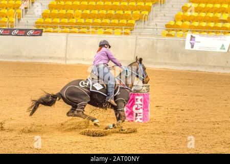 Lady Concorrente Nelle Finali Nazionali Dell'Australian Barrel Horse Association. Foto Stock