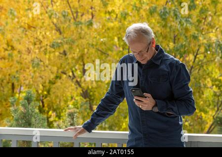 Uomo che usa il telefono da alberi autunnali Foto Stock